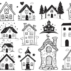 Paquete SVG de casas de campo bonitas, imágenes prediseñadas de pueblos dibujados a mano, archivo Cricut, pegatinas para scrapbooking y sublimación