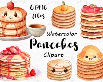 Watercolor Pancakes Clipart Set - Cute, Fluffy, Syrup-drenched Illustrations for Inviting Designs! Perfect for Menus and Blogs, PNG