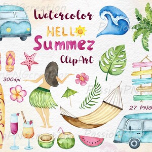 Watercolor Summer Clipart: Tropical Beach Graphics (Digital Download)
