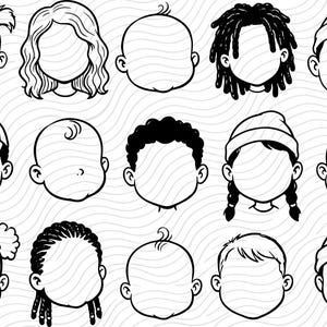 Puede incluir: Ilustraciones en blanco y negro de rostros infantiles con diversos peinados y accesorios, como coletas, pelo rizado, una gorra de béisbol y un gorro. Los rostros están en blanco, aptos para personalización.