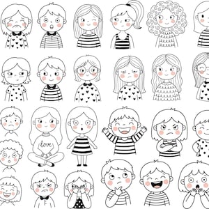Puede incluir: Una colección de ilustraciones de dibujos animados en blanco y negro de niños con diversas expresiones faciales. Los niños están representados con diferentes peinados y ropa, incluyendo camisas y vestidos a rayas. Algunas ilustraciones presentan corazones.