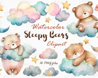 Watercolor cute bears sleeping on clouds clipart, with stars, moon, and a dreamy night sky, perfect for creative projects.