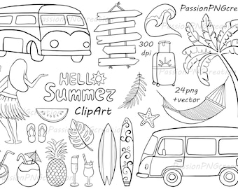 May include: Black and white line art clip art set featuring summer vacation themes.  Includes a surfboard, palm tree, hammock, suitcase, van, hula girl, watermelon, pineapple, and a sign that says "Hello Summer".