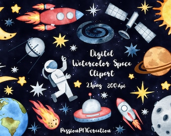 Digital Watercolor Space Clipart, planets, stars, sun, spaceships, night sky, PNG Files, Instant Download, Rocket Ship, Galaxy, Moon