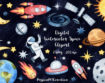 Clipart spazio acquerello: pianeti, stelle, astronavi (download digitale)