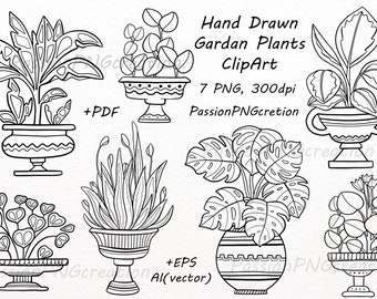 Hand Drawn Garden Plants Clipart, Doodle Potted plants clip art, Flowers, Png, vector, Pdf, flower silhouettes, Personal and Commercial Use