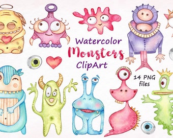 Watercolor Monsters ClipArt, Cute Monster Birthday Party, Halloween Clipart, Kids Party, Digital Instant Download PNG