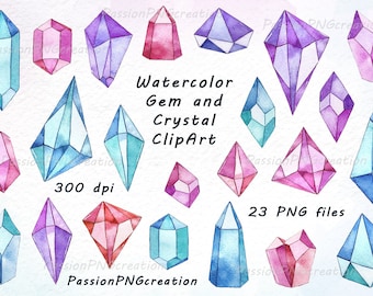 Watercolor Gem and Crystal Clipart set, PNG, Watercolour clip art, digital watercolor, digital clipart For Personal and Commercial Use