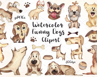 Watercolor funny Dogs Clipart, Puppies clipart, Nursery Decor, Instant Download, png, Watercolor Cute Dogs, for Personal and Commercial Use