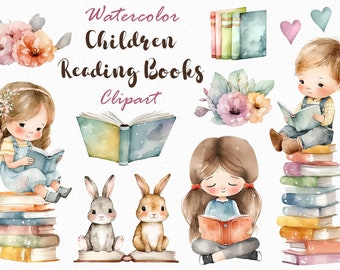 Watercolor Children reading books clipart, kids Love Books, png files, cute nursery decor, bunnies, for your personal and commercial use