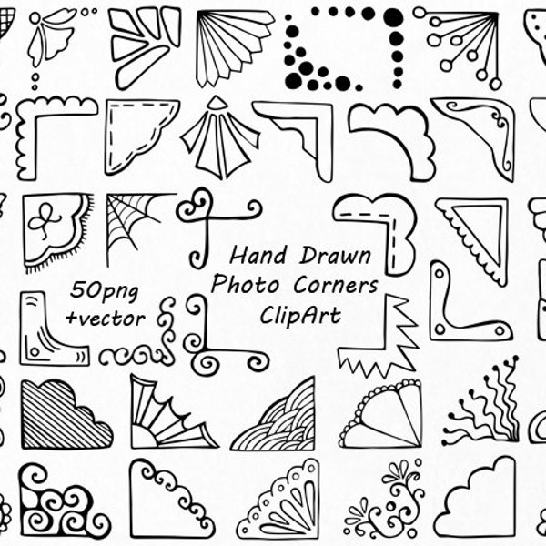 Hand Drawn Photo Corners Clipart, Doodle corners clip art, Photo overlay, PNG, EPS, AI, vector, For Personal and Commercial Use