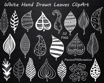 White Hand Drawn Doodle Leaves Clipart, leaves silhouette, PNG, Chalkboard, Digital clipart, Foliage Clip art, Personal and Commercial Use