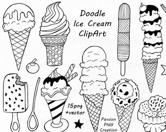 Doodle Ice Cream ClipArt, Digital Ice Cream, Hand drawn Ice Cream, PNG, EPS, AI, Vector, line art, For Personal and Commercial use