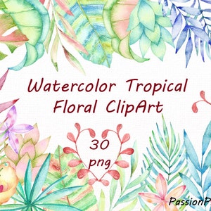 Clipart floral tropical aquarela, clipart de folhas tropicais, clipart pintado à mão, PNG, cartão de felicitações faça você mesmo, para uso pessoal e comercial