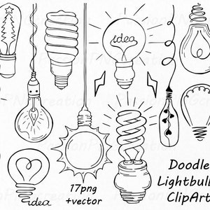 May include: A set of 17 black and white doodle lightbulb illustrations. The lightbulbs are drawn in a variety of styles, including traditional incandescent bulbs, fluorescent bulbs, and LED bulbs. The illustrations are perfect for use in digital or printed projects.