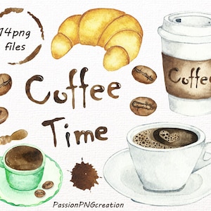 Watercolor Coffee Time Clipart, Digital coffee clip art, PNG, Coffee clip art, Watercolour, For Personal and Commercial Use