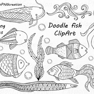 Doodle Fish Clipart, Nautical Clip art, Hand Drawn, Digital Fish Clip art, PNG, AI, EPS, vector, Line Art, For Personal and Commercial Use