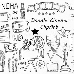 Doodle Cinema Clipart: Hand-Drawn Movie Graphics (PNG, EPS, AI)