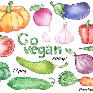 Clipart de légumes aquarelle, aller végétalien, clipart numérique de légumes, nourriture, PNG, téléchargement immédiat, pour un usage personnel et commercial