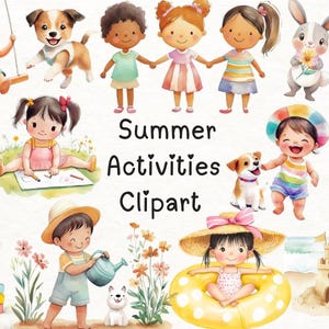 Paquete de imágenes prediseñadas de actividades de verano para niños / 39 archivos PNG / Imágenes prediseñadas de acuarela para niños / Ilustración infantil para scrapbooking y manualidades