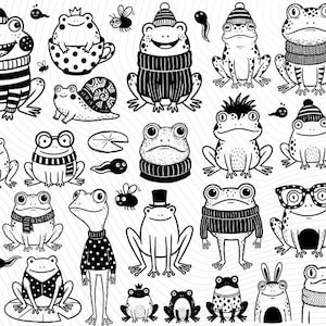 Puede incluir: Una colección de ilustraciones de ranas en blanco y negro. Las ranas están representadas con sombreros, bufandas, suéteres y gafas. Algunas ranas están sentadas en nenúfares, y una toca la guitarra. Las ilustraciones son de estilo caricaturesco.