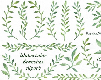 Watercolor Branches Clipart, Watercolor leaves clipart, PNG transparent background, leafs, floral clipart, Personal and Commercial Use