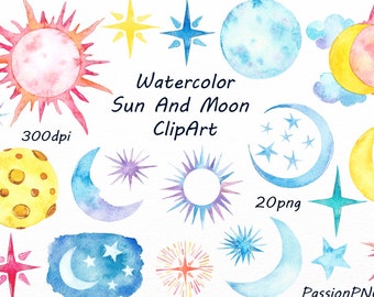 Watercolor Sun , Moon Clipart, Watercolor stars, Watercolour, clip art, digital clipart, invitation, PNG, For Personal and Commercial Use