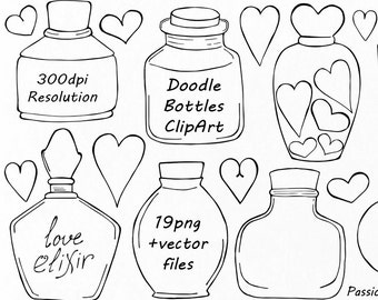 Doodle Bottles Clipart, Love elixir, Digital small bottles clip art, Hand drawn, PNG, EPS, AI, vector files, For Personal and Commercial Use