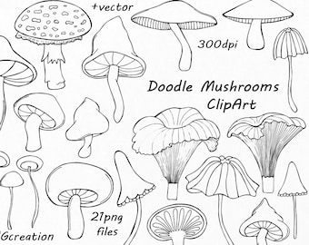 Doodle Mushrooms Clipart, Digital mushrooms clip art, Hand drawn, PNG, EPS, AI, vector, For Personal and Commercial Use