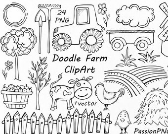 Doodle Farm Clipart, Rustic clip art, Coloring, PNG, EPS, AI, vector, Digital farm, Digital stamps, For Personal and Commercial Use