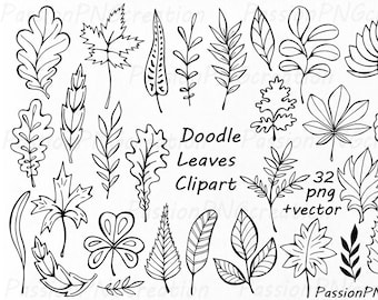 May include: A set of 32 black and white doodle leaf illustrations. The leaves are drawn in a simple, hand-drawn style and are perfect for adding a touch of nature to your designs.