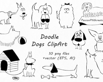 Puede incluir: Ilustraciones de doodle en blanco y negro de varias razas de perros, incluyendo un dachshund, un terrier, un caniche y un chihuahua. Las ilustraciones están en un estilo simple y de dibujos animados y son perfectas para usar en proyectos digitales o impresos.