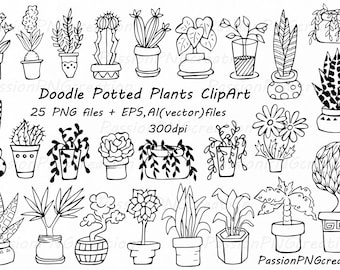 Doodle Potted Plants Clipart: Succulents, Flowers (PNG, EPS, AI)