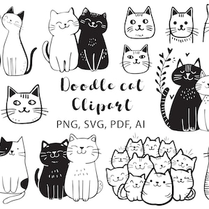 Doodle Cats Clipart, Digital doodles clip art, png, svg, ai, vector, line art, coloring, For Personal and Commercial Use