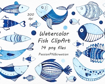 Aquarell Fisch Clipart: 14 PNG Variation (Digitaler Download)