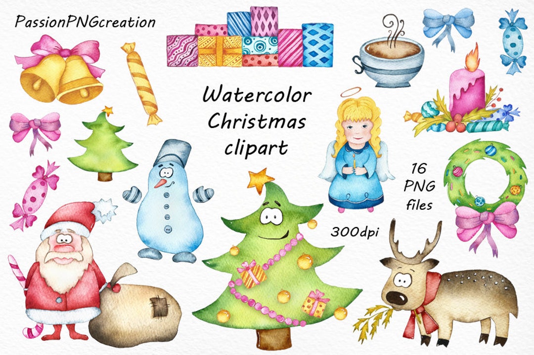 Watercolor Christmas Clipart Transparent Background Happy - Etsy UK