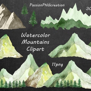 Watercolor Mountains Clipart, PNG, hand painted, Watercolour Mountain clip art, Hills, border mountain graphics, Personal and Commercial Use image 2