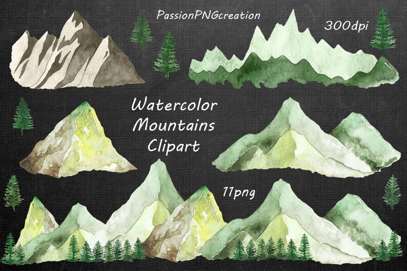 Watercolor Mountains Clipart, PNG, hand painted, Watercolour Mountain clip art, Hills, border mountain graphics, Personal and Commercial Use image 2