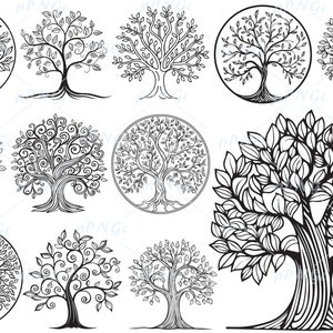 Könnte beinhalten: Ein Satz von zehn Schwarzweißillustrationen von Bäumen. Die Bäume sind in verschiedenen Stilen gezeichnet, darunter einfach, detailliert und skurril.