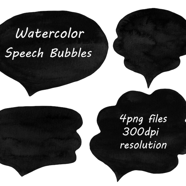 Watercolor speech bubbles, Black, speech bubble clipart, PNG, Handmade Speech Bubble,  Personal and Commercial Use.