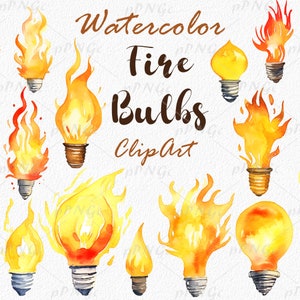 Fiery Light Bulbs Watercolor Clipart: Ignite Creativity with Vibrant Fire-Shaped Elements. Perfect for Designers & Artists