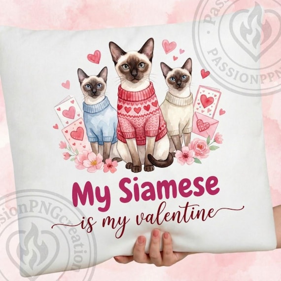 My Siamese Valentine PNG, Valentine Cat Shirt Design, Watercolor Siamese Cats Clipart, Sublimation Printable, Cute Love Cat Digital Download