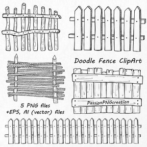 Doodle Fence Clipart, Hand drawn Wooden fence clip art, PNG, AI, EPS, vector, clipart, digital clipart, for Personal and Commercial Use image 1