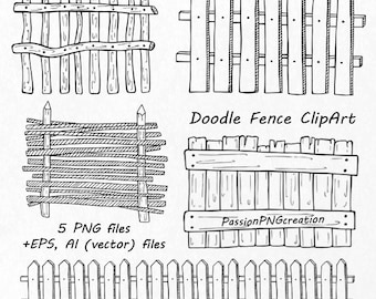 Puede incluir: Un conjunto de cinco ilustraciones de cerca de doodle dibujadas a mano en blanco y negro. Las ilustraciones incluyen una cerca de estacas, una cerca tejida, una cerca de listones y una puerta. El texto "Doodle Fence ClipArt" y "PassionPNGcreation" están incluidos en la imagen.