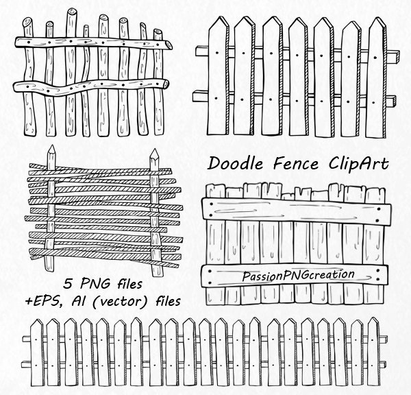 Doodle Fence Clipart Hand drawn Wooden fence clip art PNG Etsy