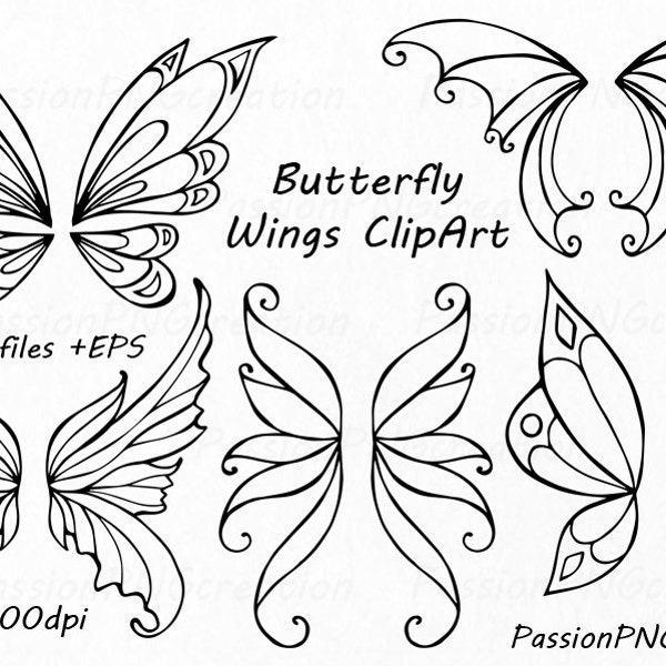 Butterfly Wings Clipart, Doodle wings clip art, Hand drawn Fairy wings, PNG, EPS, AI, vector, Photo props, for Personal and Commercial Use