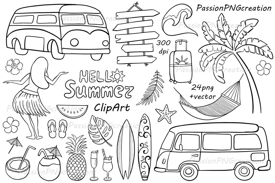 Doodle Summer Clipart: Hand-drawn Vacation Graphics (PNG, EPS, AI