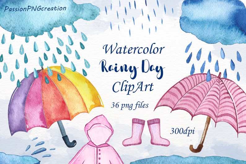 Watercolor Rainy Day Clipart, Watercolor Rainy Day Clipart, umbrella clip art, seamless pattern, Watercolor rain , diy, PNG files image 1