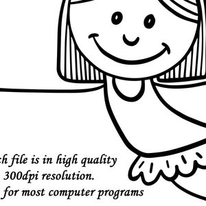 May include: Black and white line drawing of a girl wearing a dress and a tutu. She is smiling and has her arms outstretched.