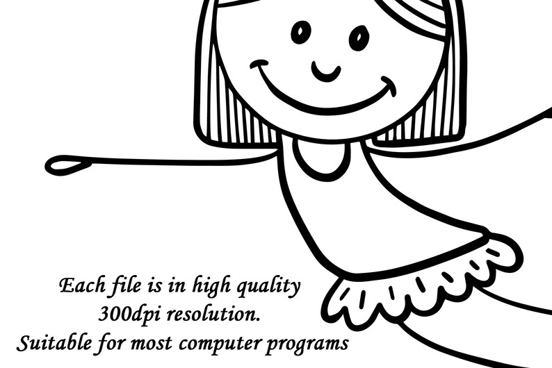 May include: Black and white line drawing of a girl wearing a dress and a tutu. She is smiling and has her arms outstretched.